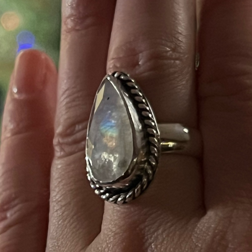 Handmade Sterling silver and rose cut rainbow moonstone ring size 6 - Picture 4 of 5